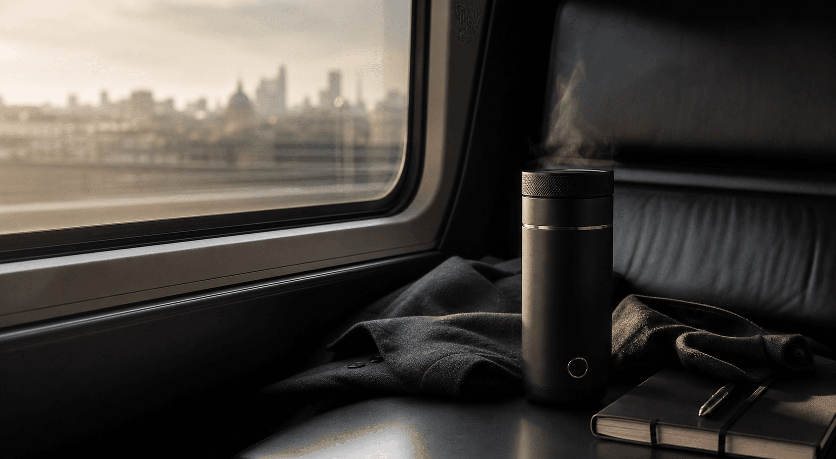 A quiet travel coffee moment by the train window.