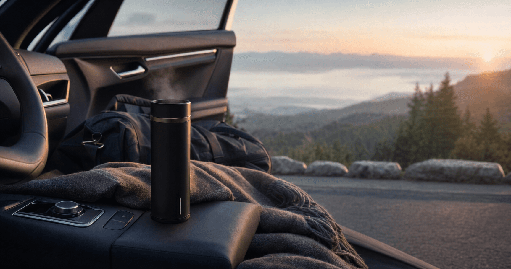 A quiet coffee ritual during a road trip.